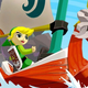 Link stands and steers a large red ship as he zooms across the ocean.